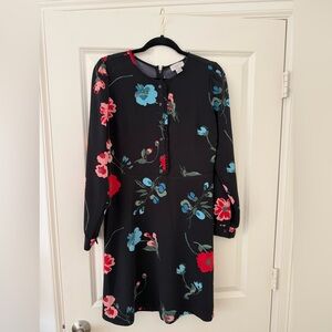 LOFT Black Long-Sleeve Floral Dress with Blue & Red Blooms